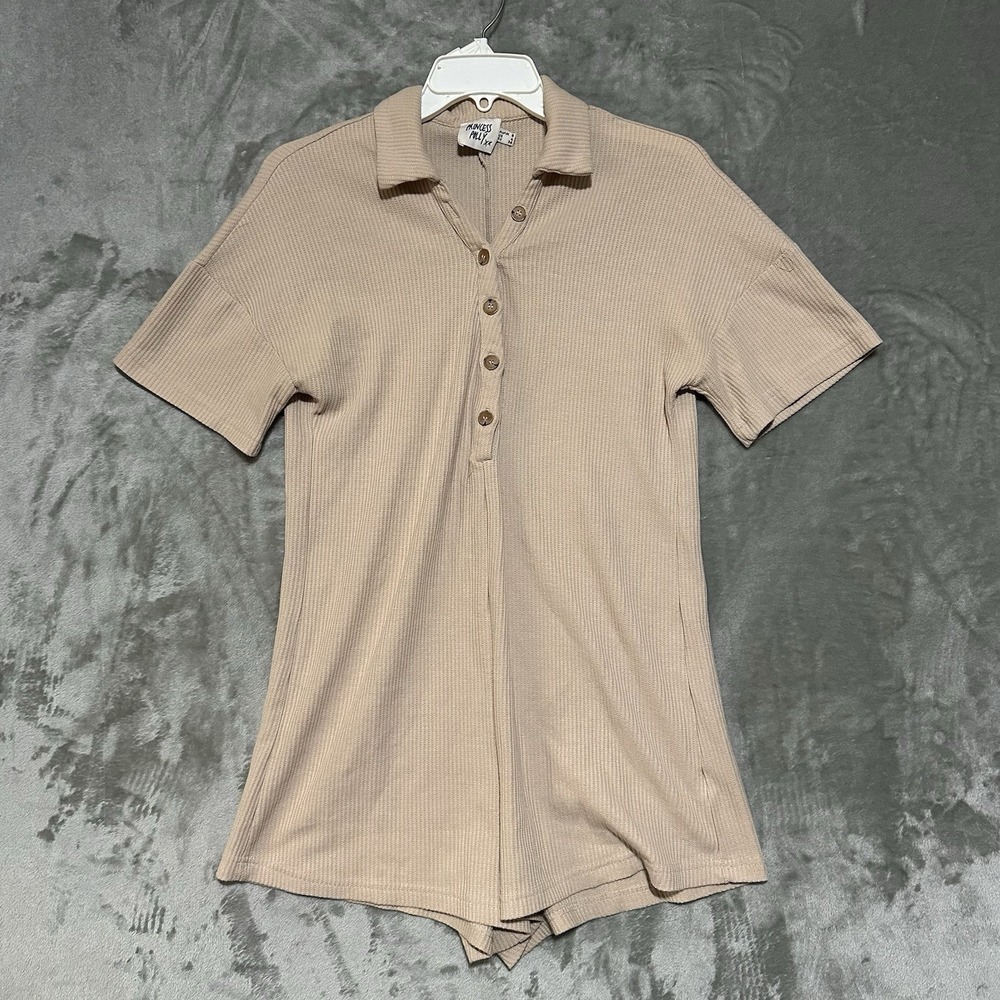 Princess Polly Waffle Knit Romper Womens Size 4 Beige Button Up Casual Lounge